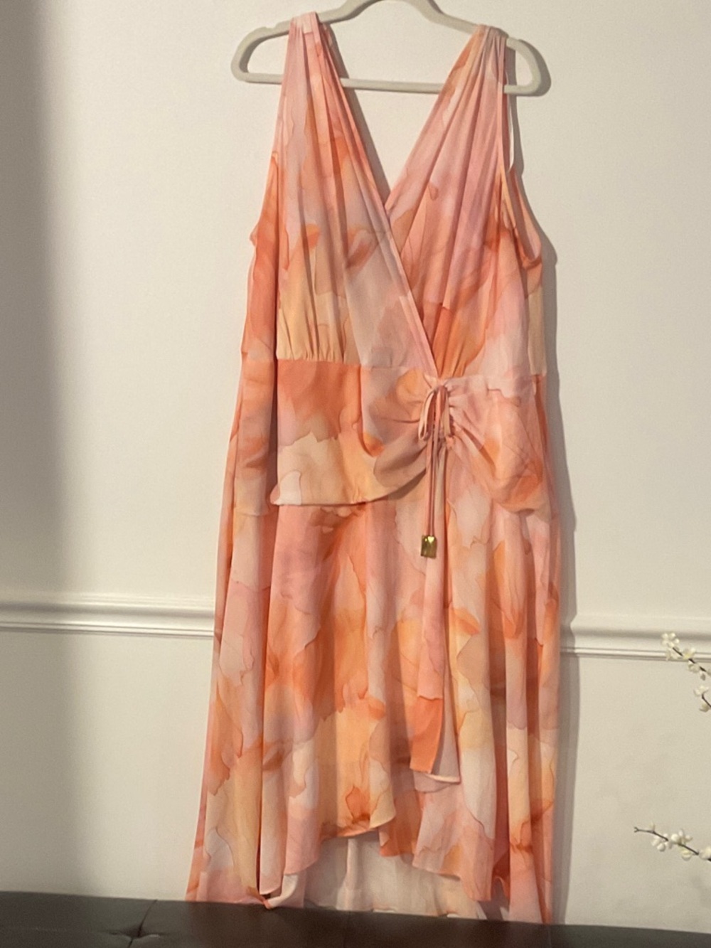 Donna Karan Pink and Orange Watercolor High-Low Wrap Dress